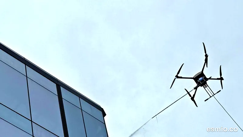Dron de limpieza en vuelo junto a la fachada de vidrio de un edificio, conectado a su manguera de agua