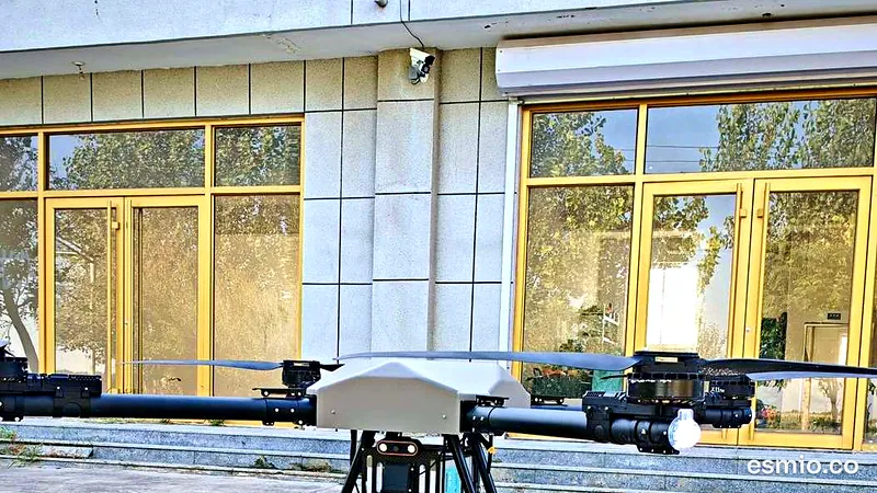 Dron industrial de limpieza en tierra antes del vuelo, con los brazos y las hélices desplegados
