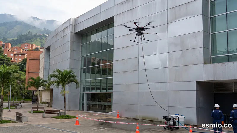 Ilustración: dron lavando el vidrio y los paneles de aluminio de la fachada de un centro comercial