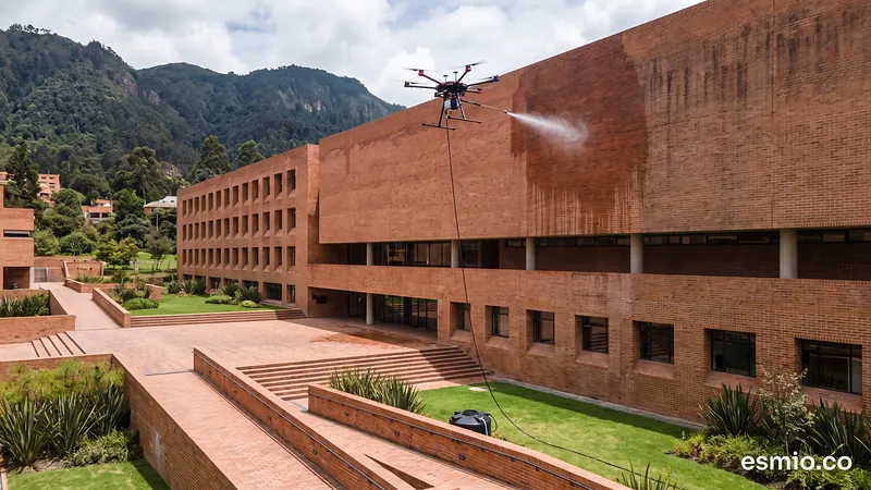 Ilustración: dron lavando la fachada de ladrillo de una universidad en Bogotá; el ladrillo lavado recupera su color