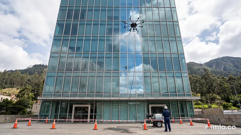 Ilustración: dron industrial lavando la fachada de vidrio de una torre de oficinas en Bogotá, con los cerros orientales al fondo