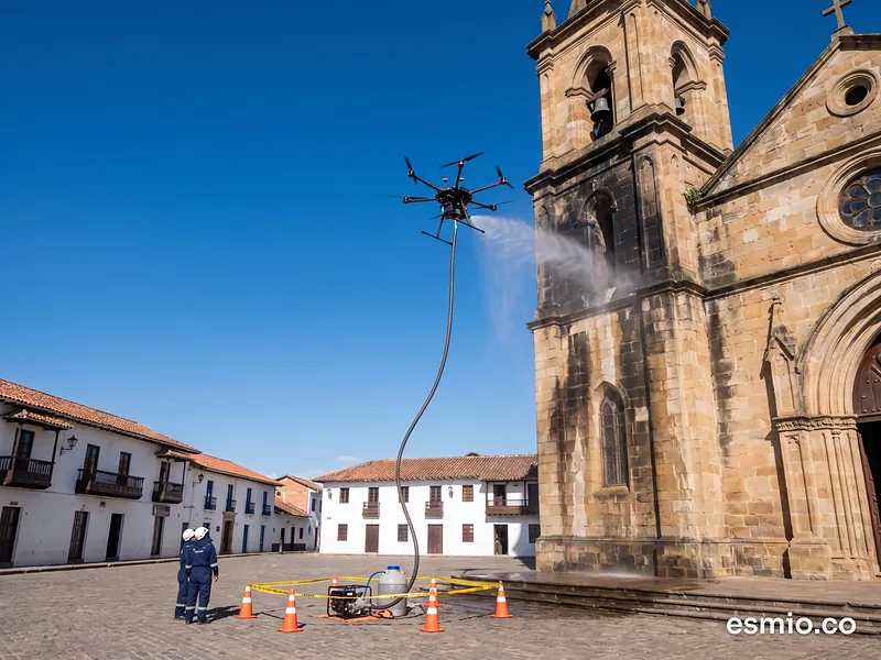 Ilustración: dron lavando la fachada de piedra de una iglesia de dos torres en la plaza de un pueblo de Boyacá