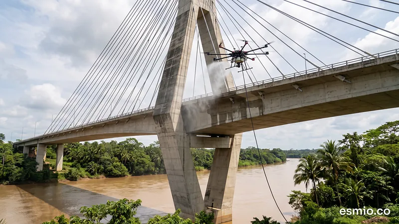 Ilustración: dron lavando el pilón de concreto de un puente atirantado sobre un río