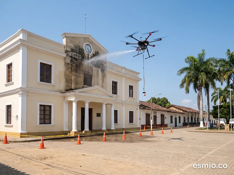 Ilustración: dron lavando la fachada de una alcaldía en la plaza principal de un municipio, con la zona acordonada
