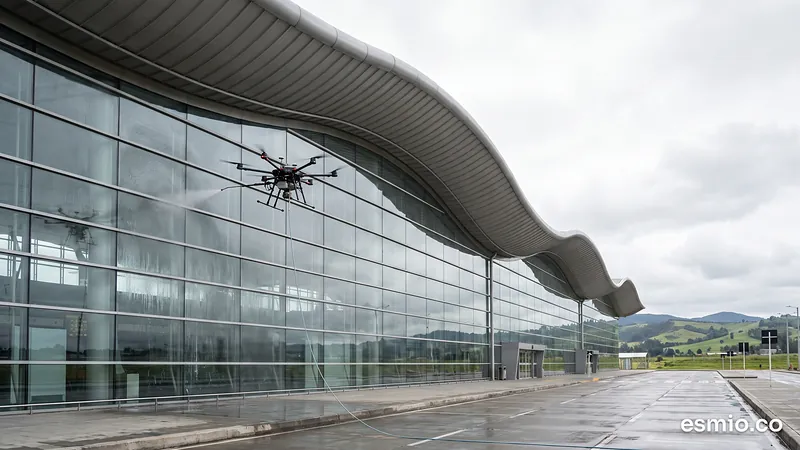 Ilustración: dron lavando la fachada de vidrio de una terminal de aeropuerto