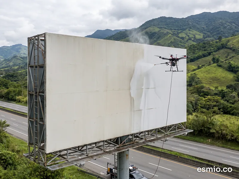 Ilustración: dron lavando una valla publicitaria junto a una autopista