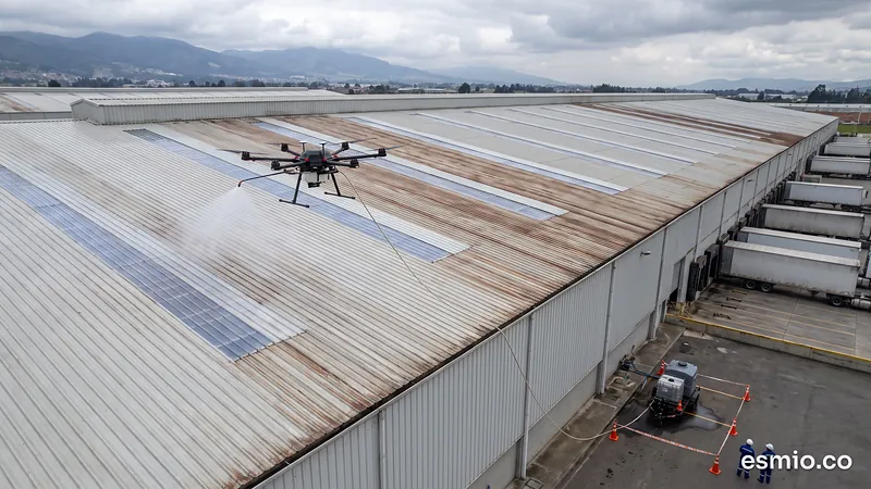 Ilustración: dron lavando la fachada metálica de una bodega en un parque industrial de la Sabana de Bogotá