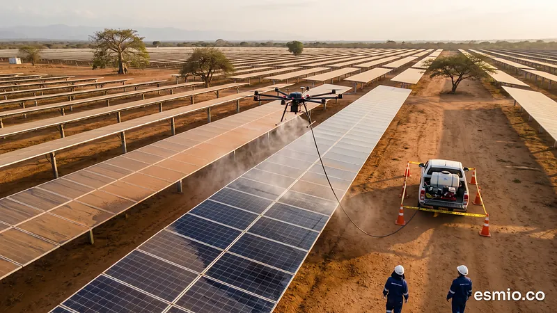 Ilustración: dron lavando las filas de paneles de una granja solar en tierra caliente de Colombia