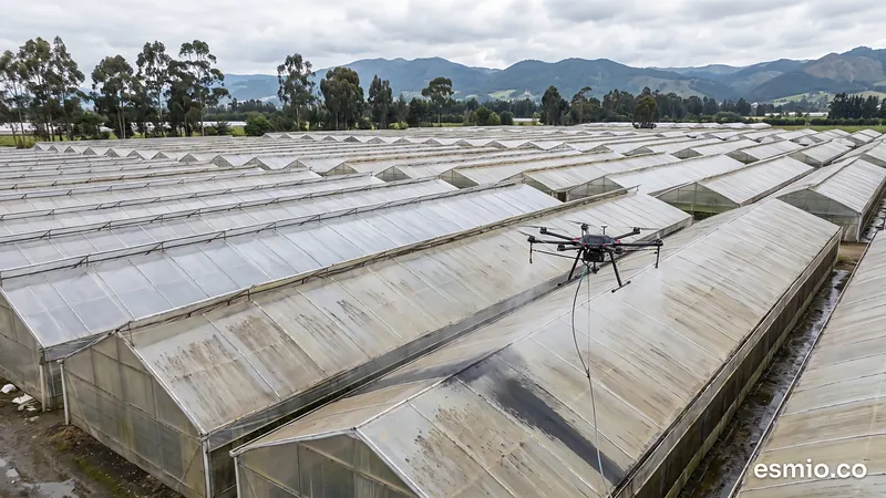 Ilustración: dron lavando los techos de un invernadero de flores en la Sabana de Bogotá para que entre más luz