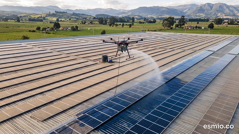 Ilustración: dron lavando los paneles solares del techo de una bodega en la Sabana de Bogotá; los paneles lavados se ven más oscuros y limpios