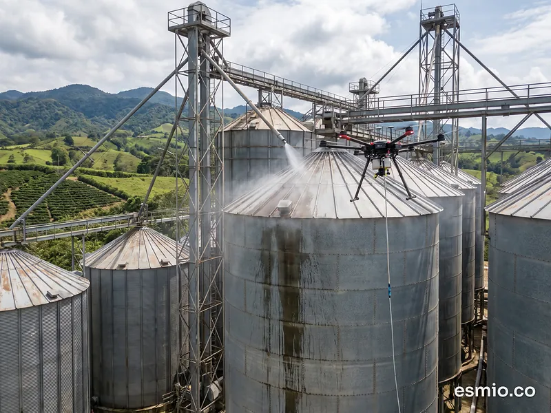 Ilustración: dron lavando silos de acero en una planta de producción