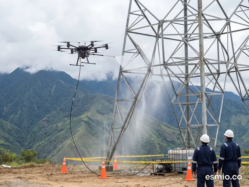 Ilustración: dron lavando la celosía de acero de una torre de energía, lejos de los conductores