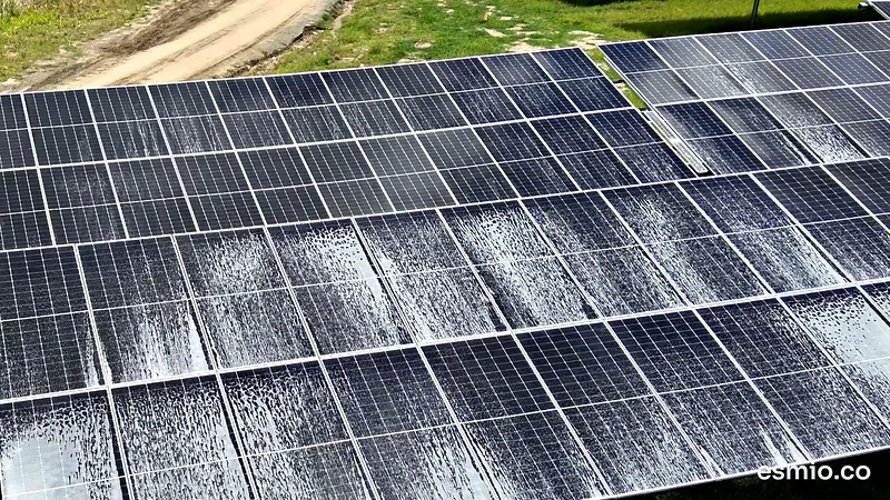 Paneles solares recién lavados con dron, todavía mojados, con el polvo retirado